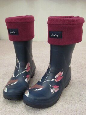 Joules Molly Welly Navy Floral Rain Boots w/ Liners Size 8